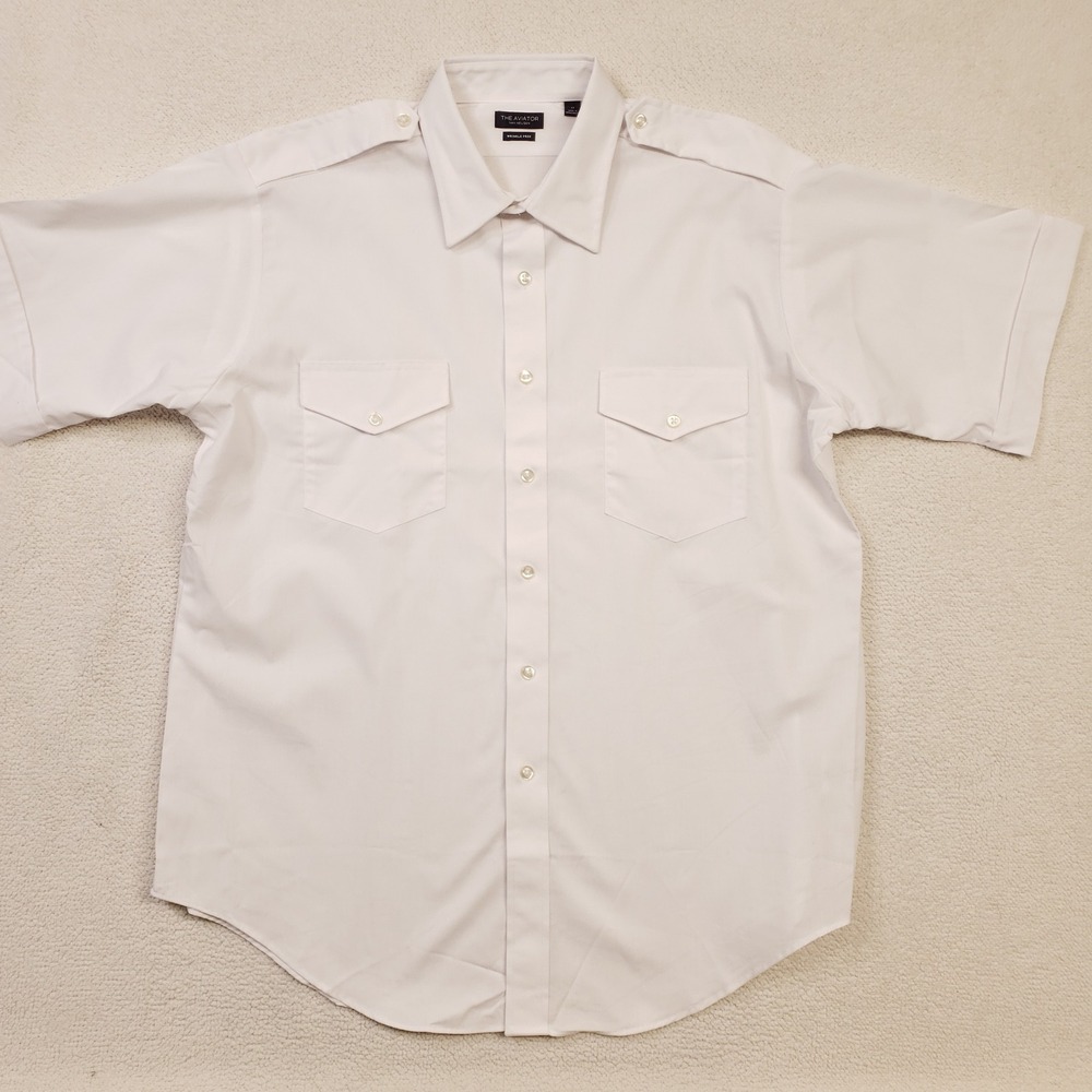 Van Heusen The Aviator Shirt Mens 17 White Epaulet Pilot Uniform Wrinkle Free